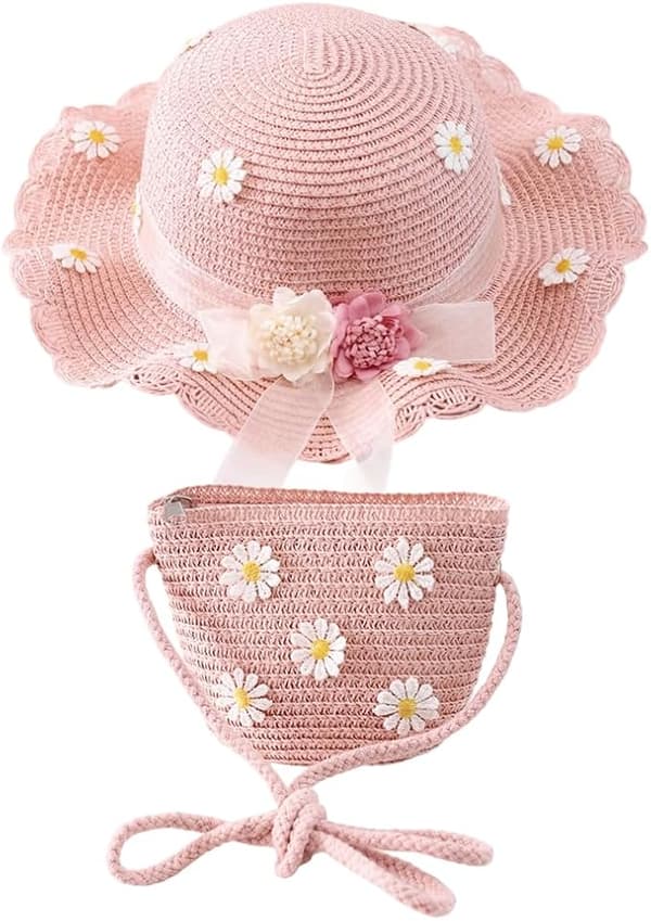 Hatt – Flickors sommarhatt med rosett – Bredbrättad strandhatt – Barnsolhatt för strand, pool och utomhusaktiviteter – Rosa