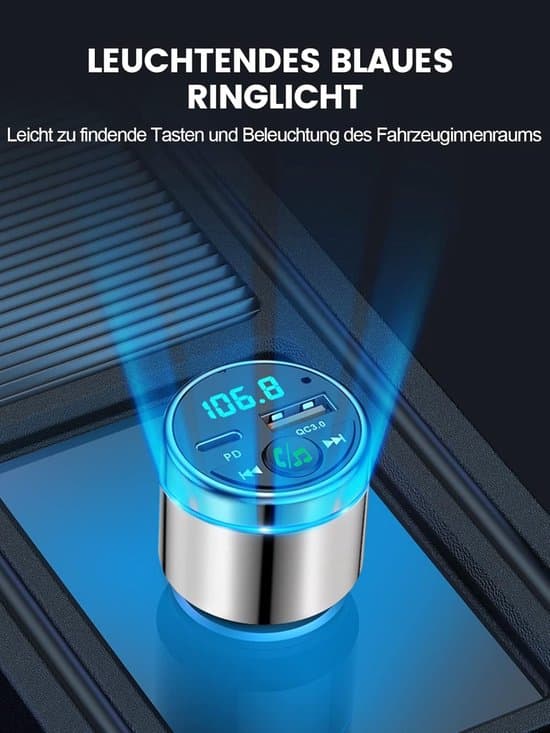 Bil FM-sender - Bluetooth 5.3-PD30W & QC3.0 Hurtiglading - Håndfri Anrop med Støyreduksjon - Med Ladeport og Ringlys - Universell