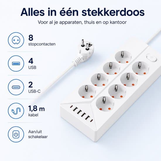 Strømuttak med 8 uttak, 4 USB- og 2 USB-C-porter - 1,8 m kabel - For skrivebord, hjem og kontor