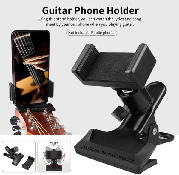 Gitarrhuvud Clip Mobiltelefonhållare, 360 Graders Rotation Live Sändningsfäste Clip Gitarr Bas Huvud Telefonhållare Fäste Stativ för Gitarrtillbehör
