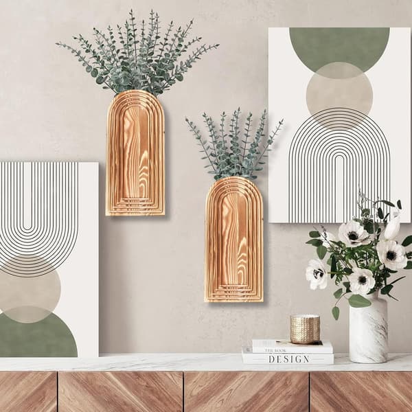 2-pack väggvaser i trä - brun finish modern bondgård och boho väggdekor för entré, hall, badrum, vardagsrum, matsal, smala utrymmen