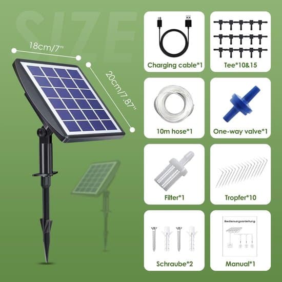 Solar Drypvandingssystem – Automatisk Vandingssystem med Timer – Til Have og Drivhus – Egnet til 10 Potter – 10 Meter Slange
