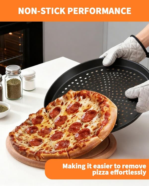 To 12-tommers perforerede non-stick pizzabakker, perforerede bageplader i kulstofstål til ovne, runde bageforme.