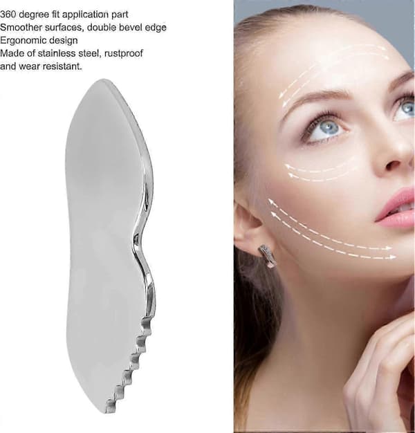 Gua Sha Ansigtsværktøj, Gua Sha i Rustfrit Stål med Kamtænder, Ansigtsmassage, Bruges til Ansigt, Hals og Omkring Læberne Silver