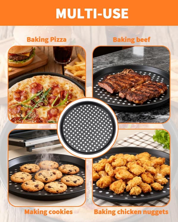 To 12-tommers perforerede non-stick pizzabakker, perforerede bageplader i kulstofstål til ovne, runde bageforme.