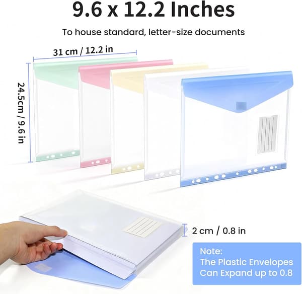 11-håls expanderande filfickor / A4-storlek för 2/3/4 ringpärmar, 10-pack expanderande plastmappar med etikett och kardborrestängning
