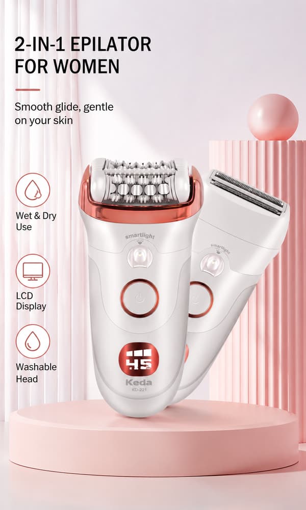 Epilator, Epilator til langvarig hårfjerning, inklusive barberhoved og trimmerhoved, MicroGrip pincette-teknologi, højfrekvent massage