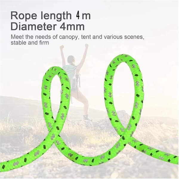 Et sæt med 4 campingliner, 4 meter lange og fortykkede til 5,5 mm i diameter, egnet til udendørs brug