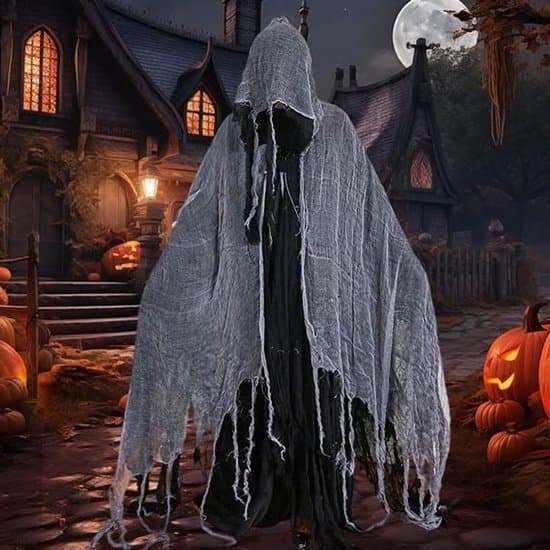 1 Halloween Spøgelseskappe – Kappens længde 145 cm – Hat 45 cm – Velegnet til maskeradeballer, karneval og cosplay – Unisex – Sort og grå