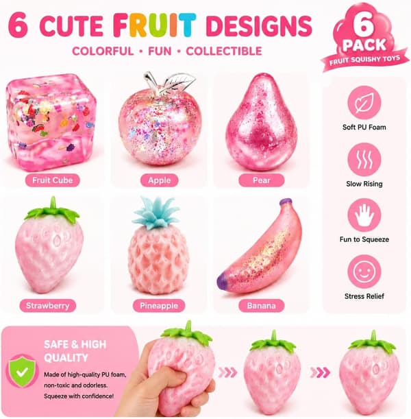 Rosa Frukt Squishy Leksaksset 6-pack, Söta Kristall Långsamt Stigande Klämleksaker, Mjuka Sensoriska Fidgetleksaker för Barnkalaspresenter