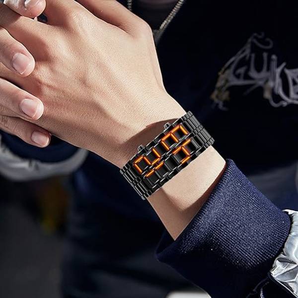 Herre Lava Stil Rustfrit Stål Ur Rød Blå LED Digital Ur Sort Armbåndsur