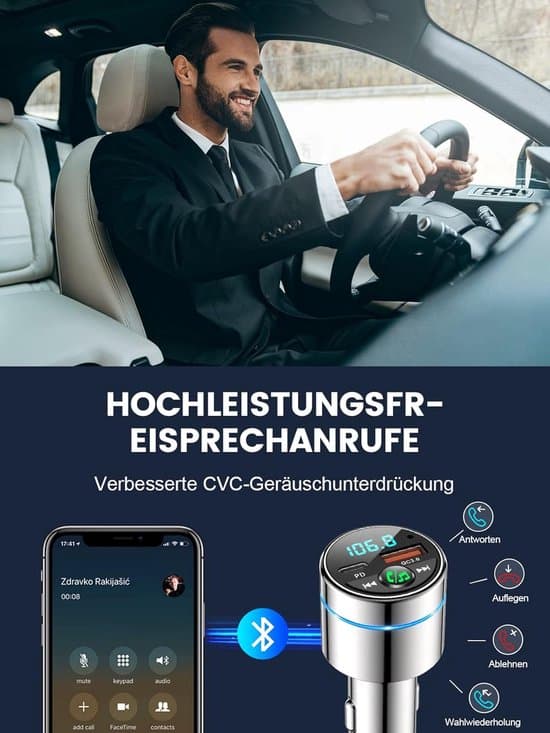 Bil FM-sender - Bluetooth 5.3-PD30W & QC3.0 Hurtiglading - Håndfri Anrop med Støyreduksjon - Med Ladeport og Ringlys - Universell
