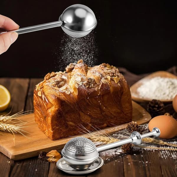 Bagemelssigte, 1 mel sigte, flormelis shaker, drysestav i rustfrit stål, krydderi- og te si (1 stk)