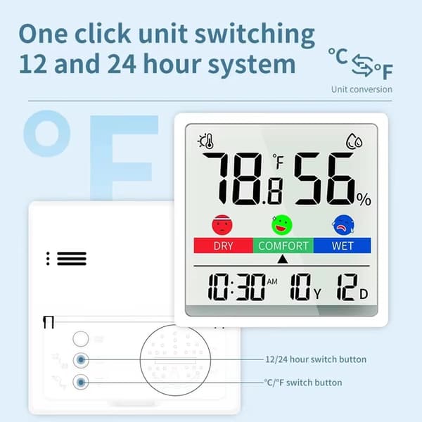 3,3-tums exakt hygrometer inomhustermometer, med magnetisk adsorption, stöd, luftkomfortindikator, tid, datum