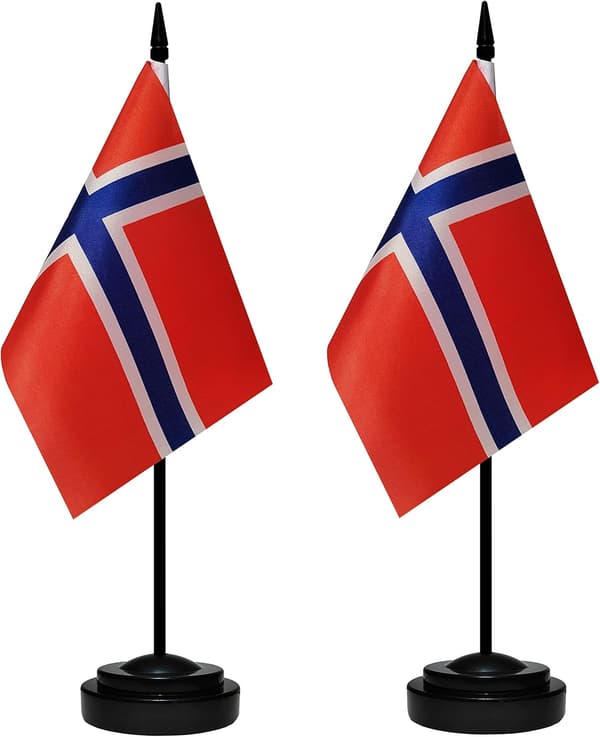 Norge Skrivebordsflag Sæt, 2 Pak Norske Bordkontorflag, Lille Mini Skrivebordsflag Med 11\" Solid Sort Stang, Sort Base, Miniature Skrivebordsflag Norway