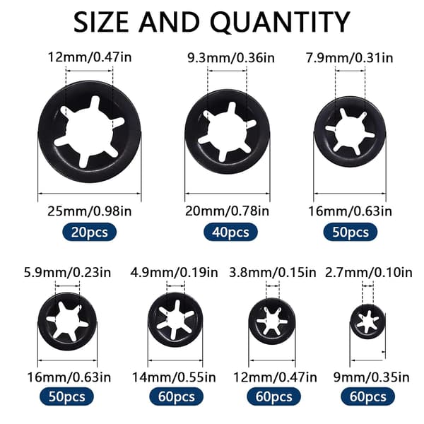 340 st låsbrickor Starlock låsbrickssats lagerfäste M3 M4 M5 M6 M8 M10 M12 (7 storlekar)