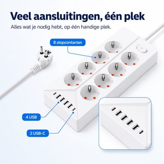 Strømuttak med 8 uttak, 4 USB- og 2 USB-C-porter - 1,8 m kabel - For skrivebord, hjem og kontor