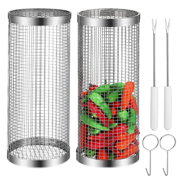 Rullende Grillkurv til Udendørs BBQ, 2-pak Rustfrit Stål Grillnet BBQ Rack Tilbehør, Grillnetrør Grillkurv