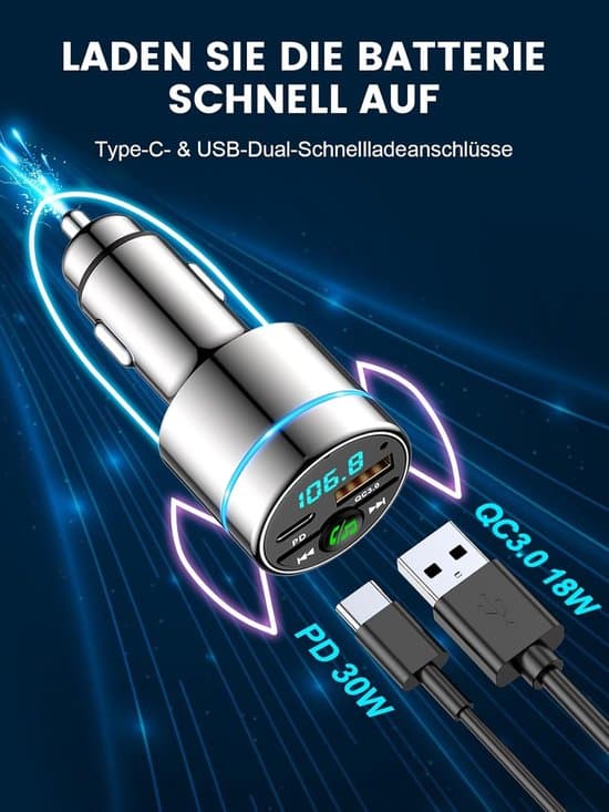 Bil FM-sender - Bluetooth 5.3-PD30W & QC3.0 Hurtiglading - Håndfri Anrop med Støyreduksjon - Med Ladeport og Ringlys - Universell