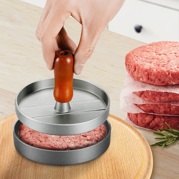 Hamburgerpresse i rustfrit stål med træhåndtag, non-stick, inkl. 100 stykker bagepapir