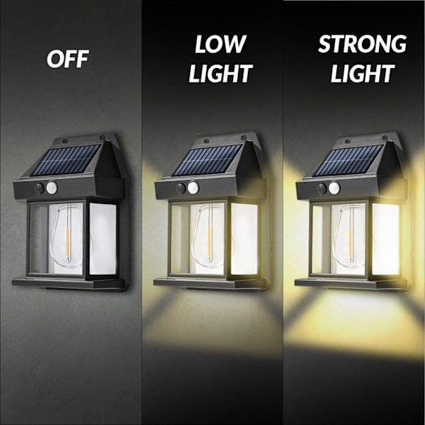 3-posisjons vegglampe med sensor - solcellehagelys - solcellehagebelysning - vanntett utendørsbelysning