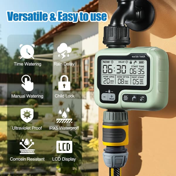Vanningstimer, Sprinklertimer Programmerbar Hageslangekran Timer med Regnforsinkelse/Manuell/Automatisk Vanningssystem, Plenvanning