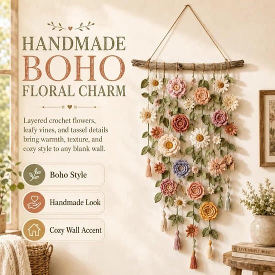 Makramé Väggdekor - Virkad Blommig Väggbonad - Boho Dekoration för Vardagsrum och Sovrum - Flerfärgad