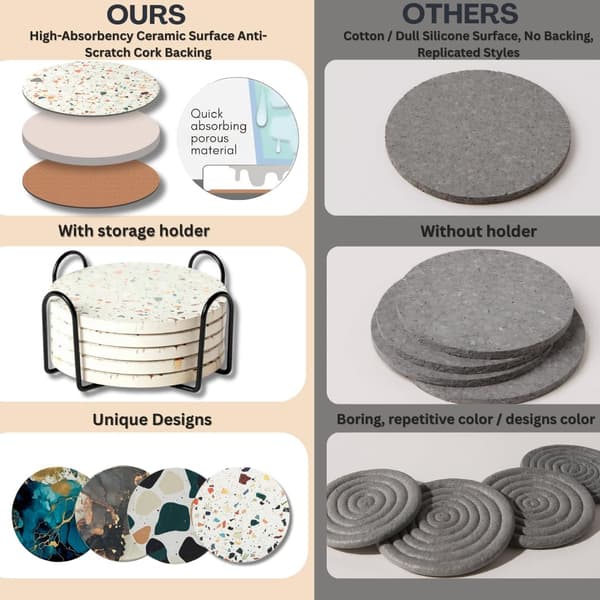 Terrazzo absorberende coasters, sæt med 6 stativer, keramiske coasters, kaffebordsdekorationer, absorberende sten coasters.