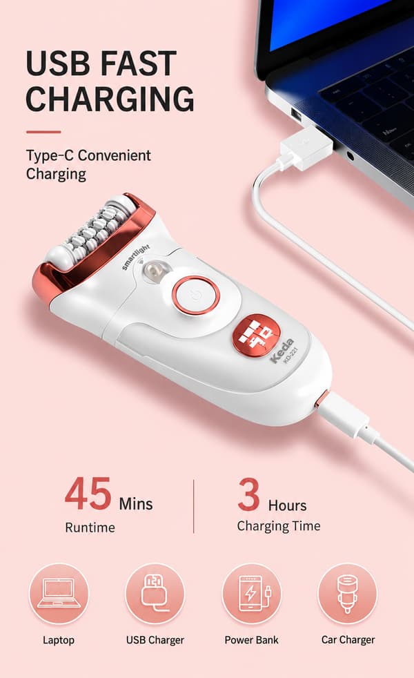 Epilator, Epilator til langvarig hårfjerning, inklusive barberhoved og trimmerhoved, MicroGrip pincette-teknologi, højfrekvent massage