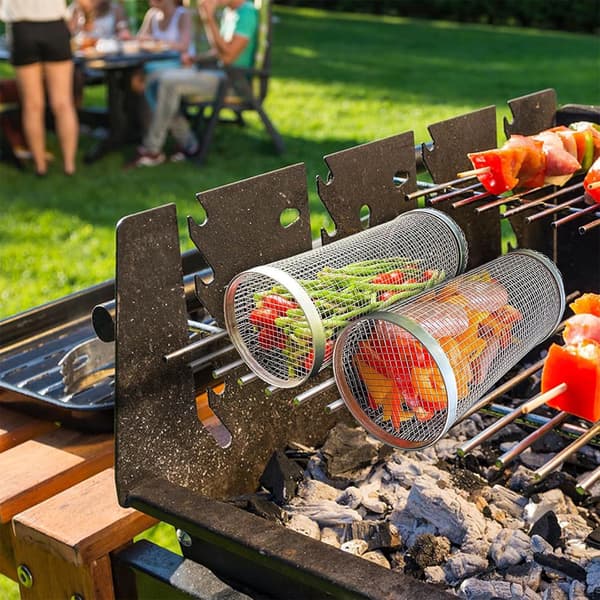 Rullende Grillkurv til Udendørs BBQ, 2-pak Rustfrit Stål Grillnet BBQ Rack Tilbehør, Grillnetrør Grillkurv