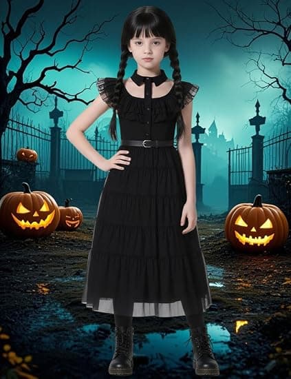 Wednesday Børne-kostume sort kjole til piger, Halloween cosplay fest sort kjole kostume (alder 3-17 år) 150cm