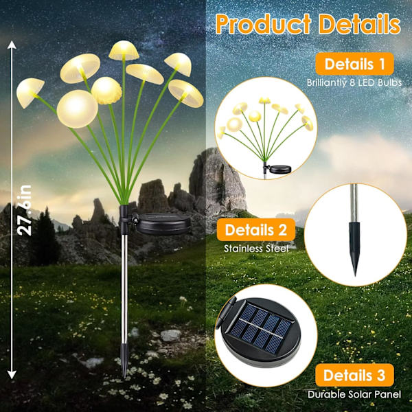 2PK 16LED Solcelle Hagelys Utendørs, Sopp Solcellelys Utendørs, IP65 Vanntett Sankthansormlys Ute Dekor Varm Hvit