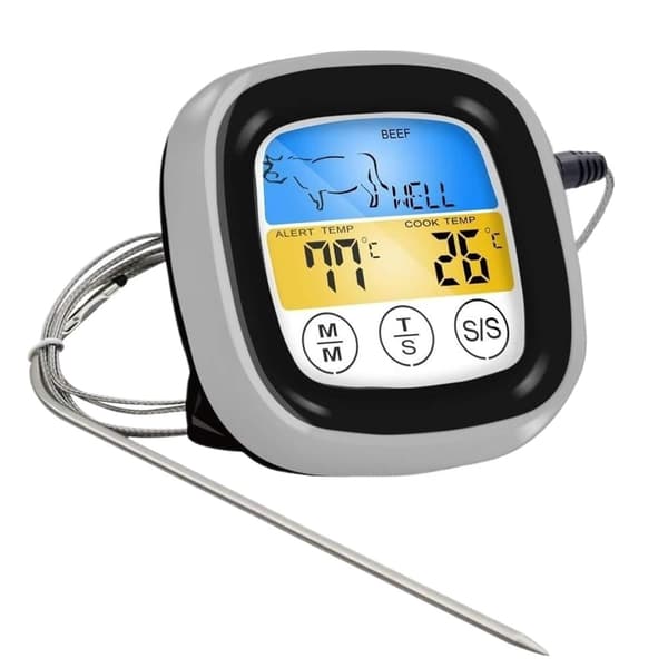 Digitalt kjøkkentermometer, mattermometer, kjøttemperaturmåler med berøringsskjerm, LCD-displaytimer, koketermometer
