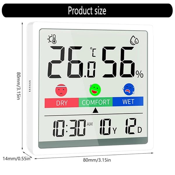 3,3-tums exakt hygrometer inomhustermometer, med magnetisk adsorption, stöd, luftkomfortindikator, tid, datum