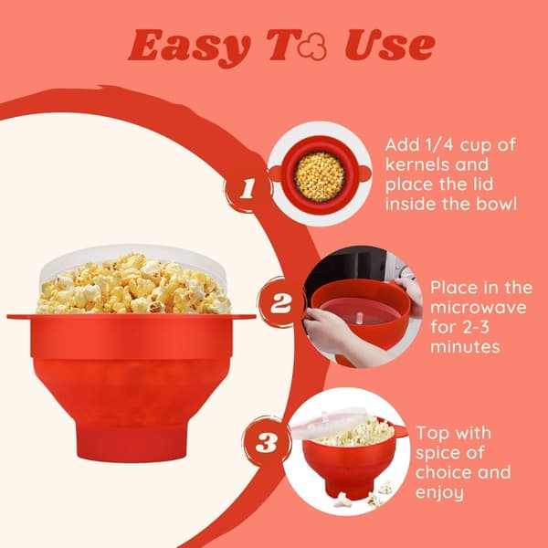 Popcorn Skål Silikone Mikro Skål til Popcorn - Sammenklappelig Rød