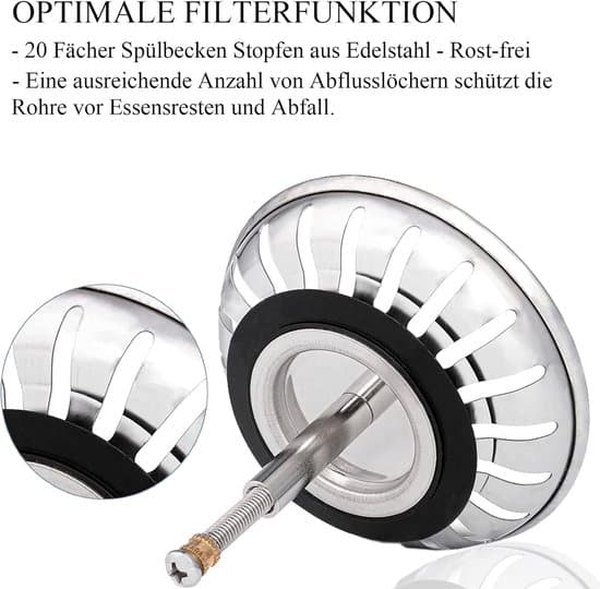 Si-kurv til vask - 82 mm - rustfrit stål - vaskesi - afløbssi med prop - den excentriske stift strækker sig 36-54 mm ned i afløbet