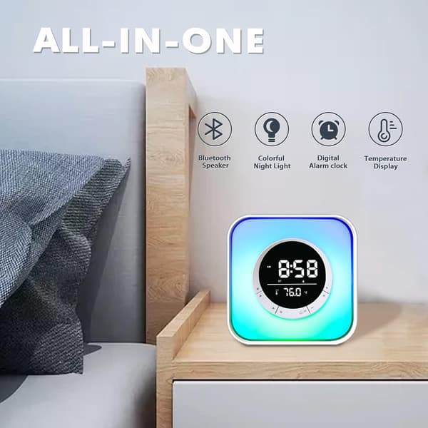 Multifunksjonell lysende vekkerklokke - Multifunksjon - Bluetooth 5.0-høyttaler - 10-farget LED-lampe - FM-radio