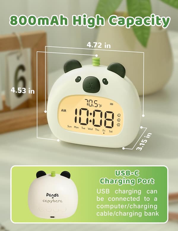 Panda-vekkerklokke for barn, LCD-nattlys med dimmefunksjon, USB-oppladbar søvntrener, 3 alarmtider.