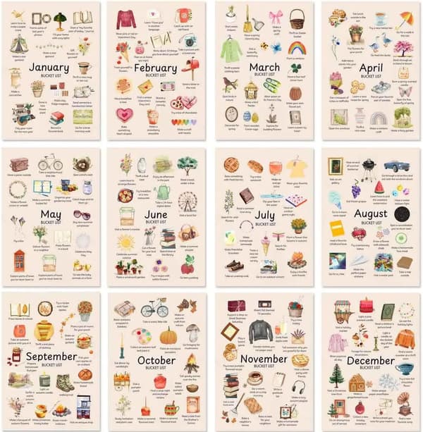 2026 Bucket List Kalender, Konst Akvarell Månadskalender, Skrivbords Tidspåminnelsekort