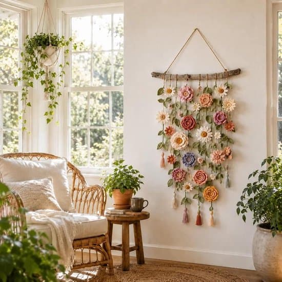 Makramé Väggdekor - Virkad Blommig Väggbonad - Boho Dekoration för Vardagsrum och Sovrum - Flerfärgad
