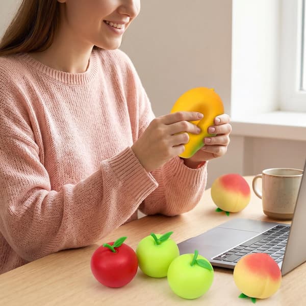 Frukt Squishy Set – Persika, Mango & Grönt Äpple | Mjuk Stressleksak för Klämning och Avkoppling