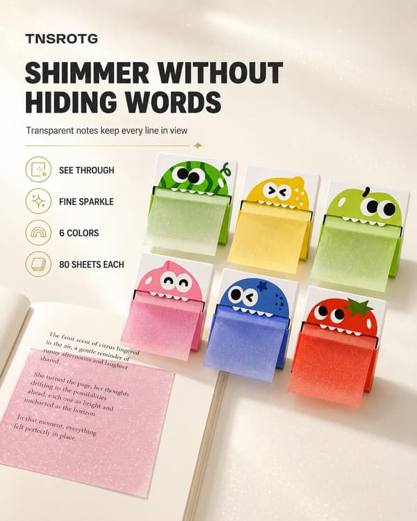 Glitter Sticky Notes, Gennemsigtige Glitter Pull Sticky Notes, 1 stk | Søde Monster Frugt Dispenser Bokse, Skinnende Firkantede Skrivefaner til Bog