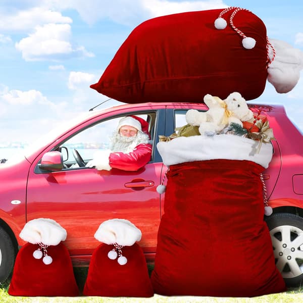 To-delt julevelourpose med snøre, to store størrelser, julegavepose, legetøjsgavepose (rød).