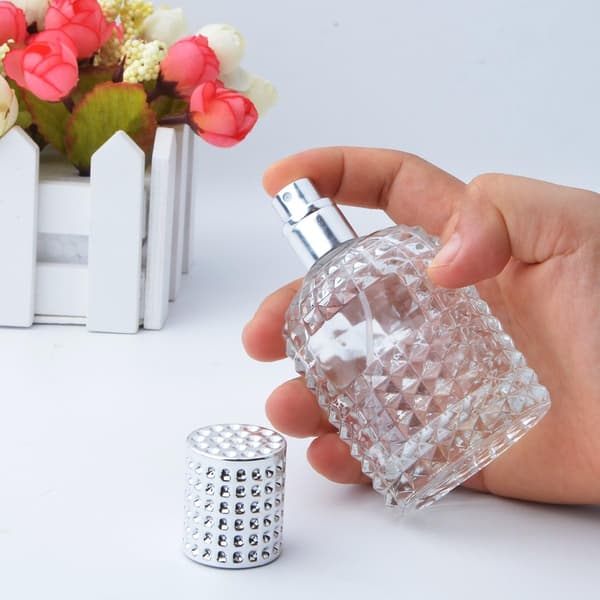50 ml transparent glasflaska med nätmönster, tom flaska för parfym/doft, med spraydispenser.