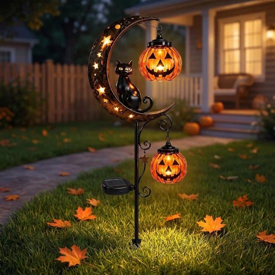 Solar Halloween Sort Kat og Græskar Måne Havelampe – Vandtæt Udendørs Belysning – til Terrasse, Have, Plæne, Sti – 1 Styk