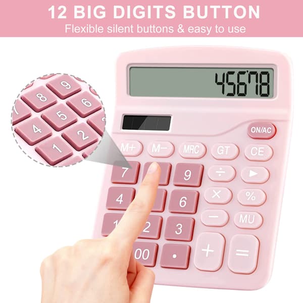Calculators, 12-Digit Desktop Calculator with Large Display and Large Buttons, Solar Battery Dual Power Sources Office Calculator (Pink) Pink