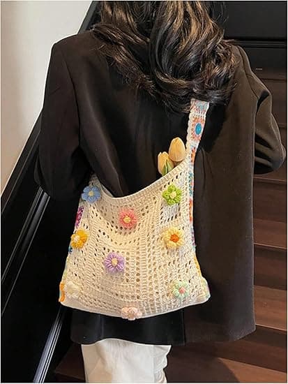 Dame Boho Blomster Applikationer Hæklet Mulepose Udhulet Strik Skuldertasker