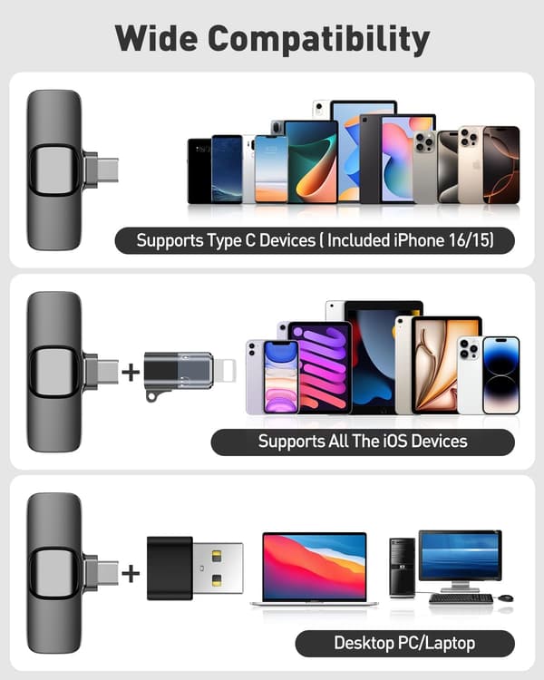 USB C Mini Mikrofon til iPhone 16/15/14/Android, Trådløs Lavalier Mikrofon med Støjreduktion, Reversmikrofon til Vlog YouTube TikTok Optagelse