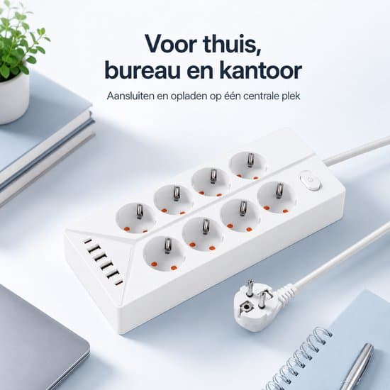 Strømuttak med 8 uttak, 4 USB- og 2 USB-C-porter - 1,8 m kabel - For skrivebord, hjem og kontor