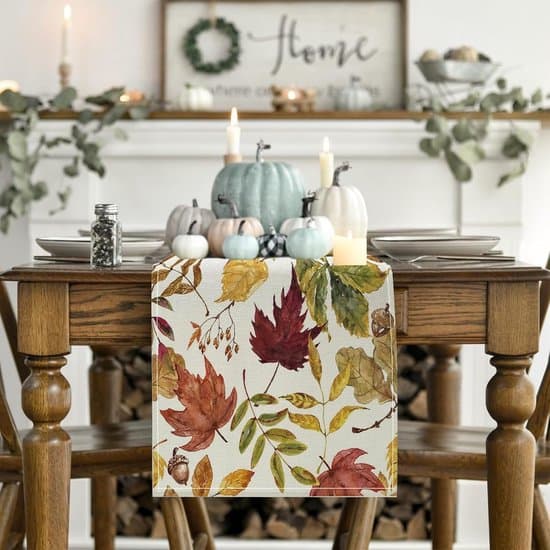Duk – Høstbordløper – 33x183 cm – Lin – Med lønneblader – For Thanksgiving og høstdekor